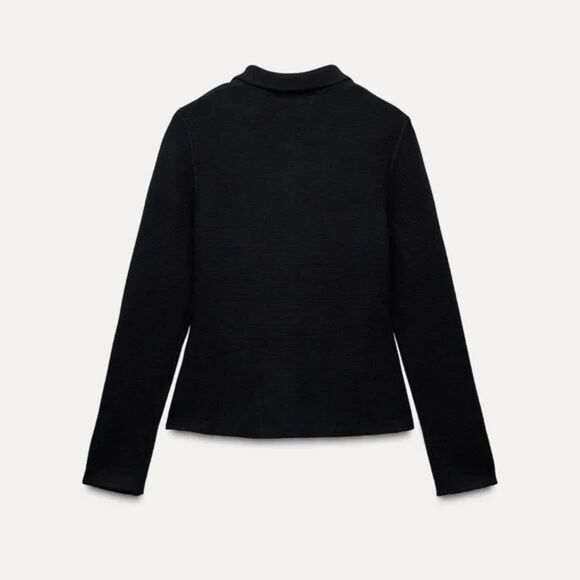 Navy Blue Gold-Button Collared Heavy Knit Blazer Jacket Cardigan Sweater (NWT) - Picture 3 of 7